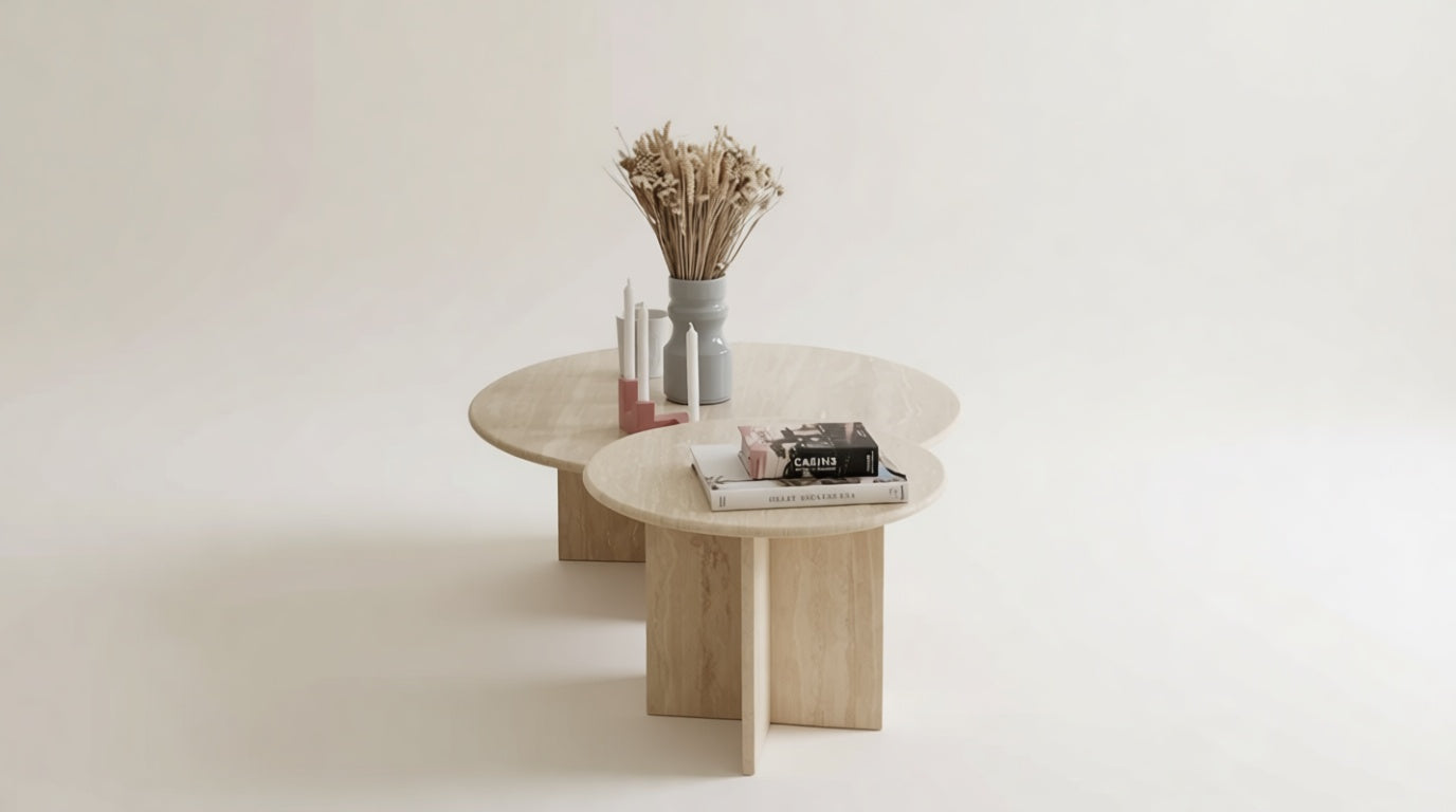 Dual - Natural Travertine Marble Coffee Table Set of 2 Marble Coffee Tables