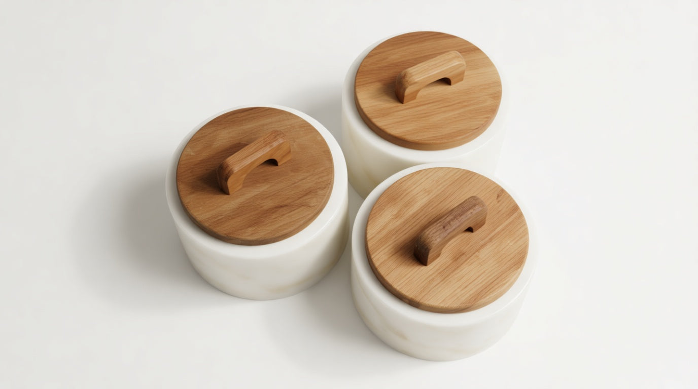 Marble Spice Jar Set with Wooden Lid