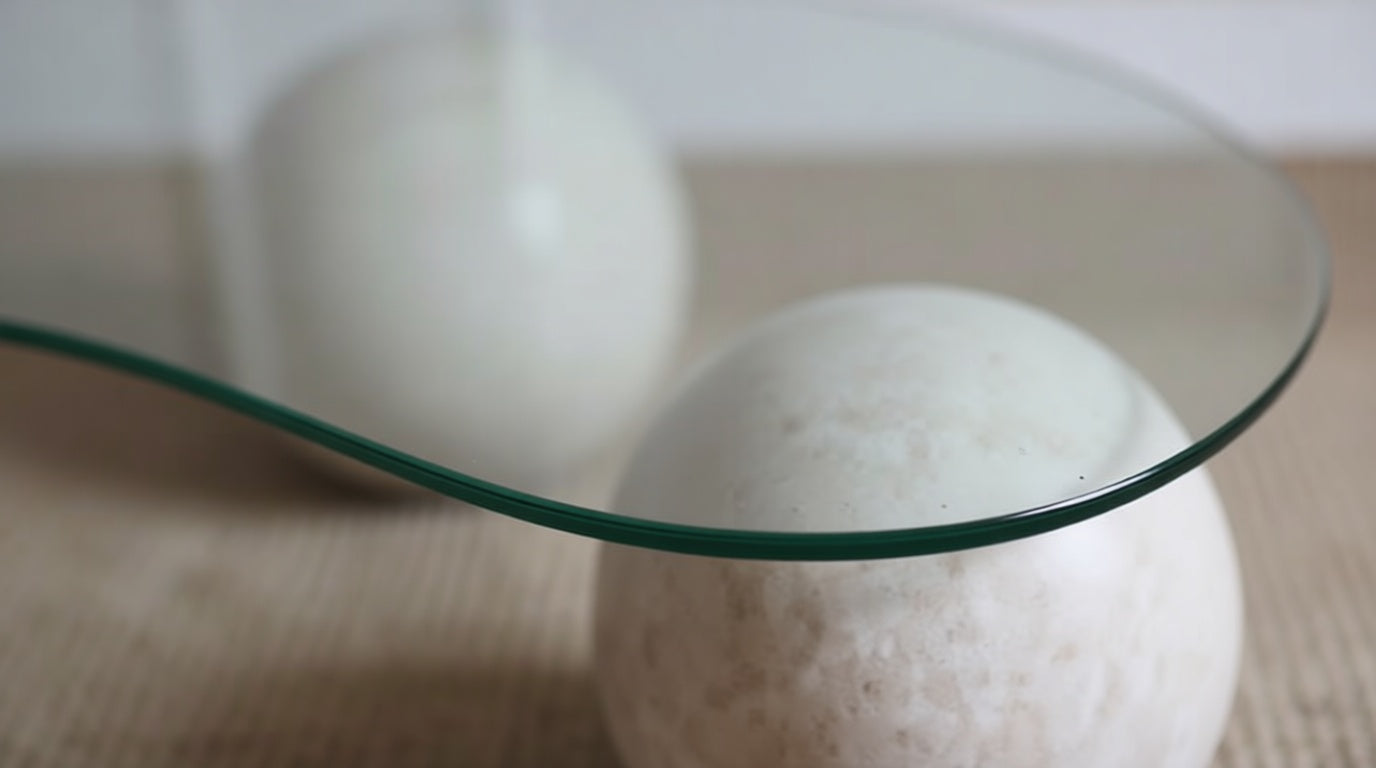 TRIO - Natural Travertine Ball-Leg Coffee Table with Glass Bean Shape