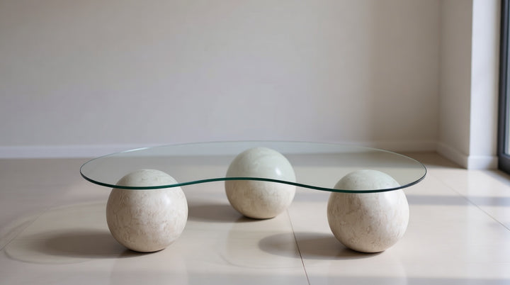 TRIO - Natural Travertine Ball-Leg Coffee Table with Glass Bean Shape