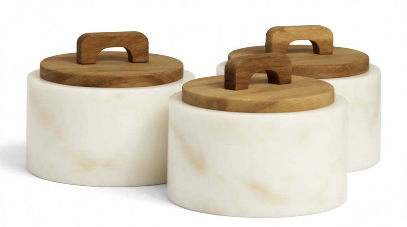 Marble Spice Jar Set with Wooden Lid 