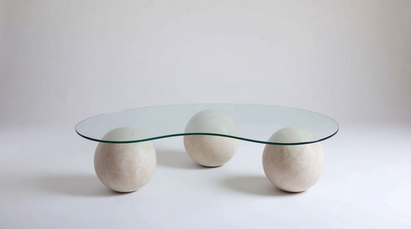 TRIO - Natural Travertine Ball-Leg Coffee Table with Glass Bean Shape