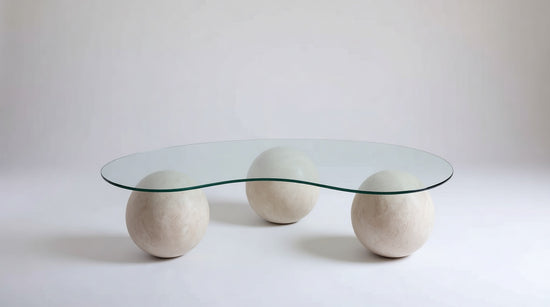 TRIO - Natural Travertine Ball-Leg Coffee Table with Glass Bean Shape