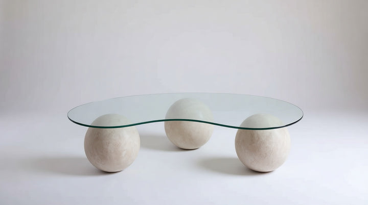TRIO - Natural Travertine Ball-Leg Coffee Table with Glass Bean Shape