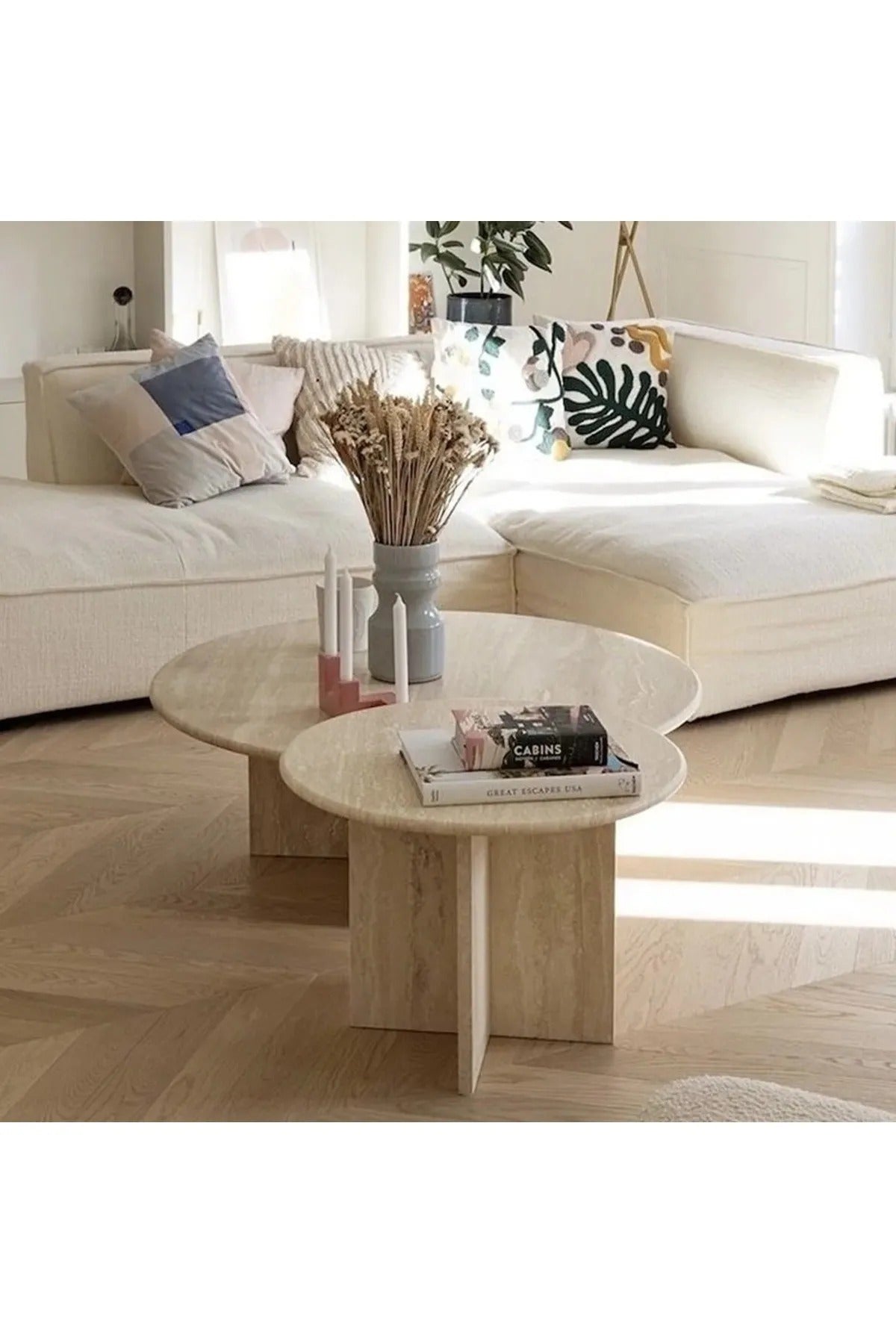 Dual - Doğal Traverten Mermer Orta Sehpa  2li Mermer Orta Sehpa