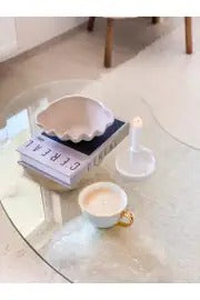 TRIO - Doğal Traverten Top Ayaklı Orta Sehpa Cam Fasülye Orta Sehpa