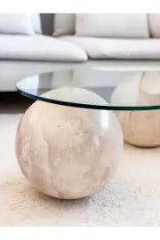 TRIO - Doğal Traverten Top Ayaklı Orta Sehpa Cam Fasülye Orta Sehpa