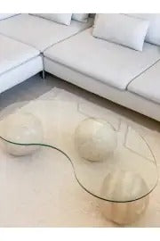 TRIO - Doğal Traverten Top Ayaklı Orta Sehpa Cam Fasülye Orta Sehpa